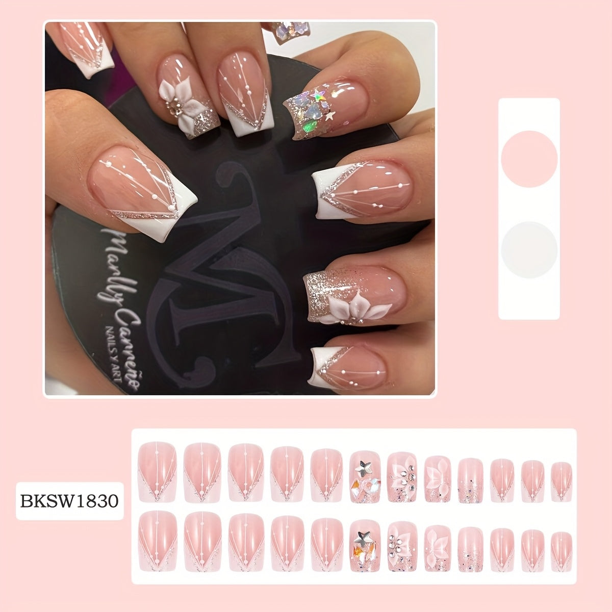 24pcs Elegant French White Glitter Flower Short Square Press-On Nails with Jelly Adhesive Tabs & Nail File - Nude & Fair Tone, Glossy Finish, Wearable Artificial Nail Set, Nail Art Decor|Floral Nail Design|Shiny Finish, Nail